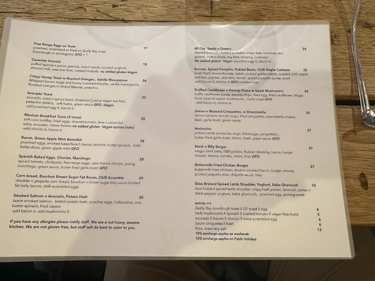 Menu, Stagger Lee's Fitzroy