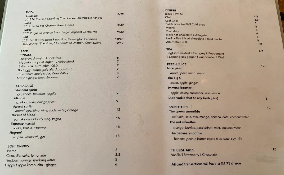 Menu, Stagger Lee's Fitzroy