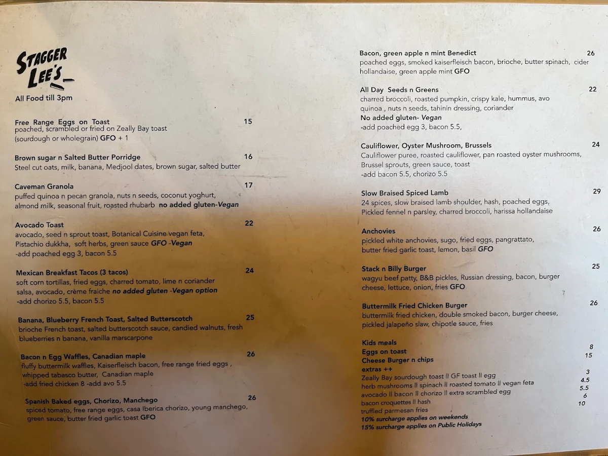 Menu, Stagger Lee's Fitzroy