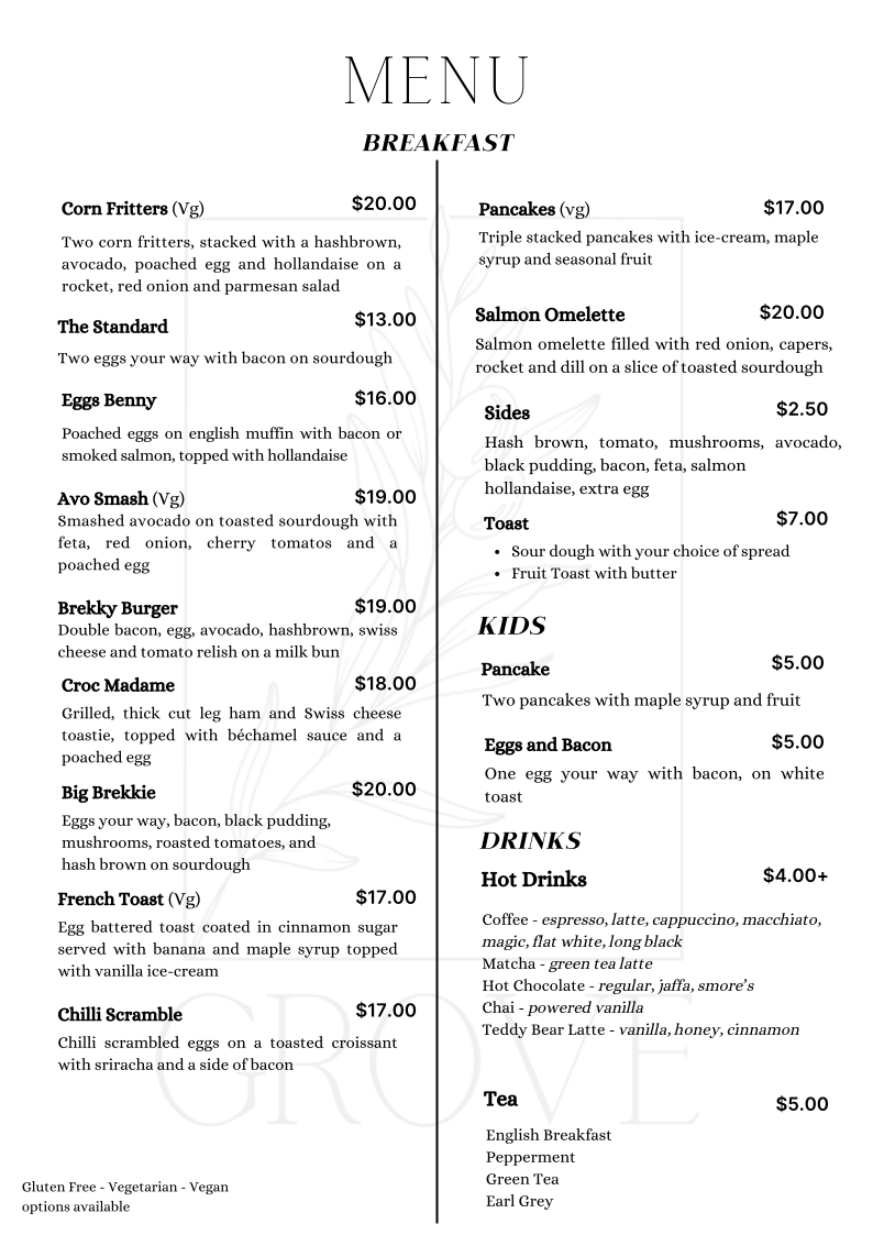 Menu, Cafe Grove