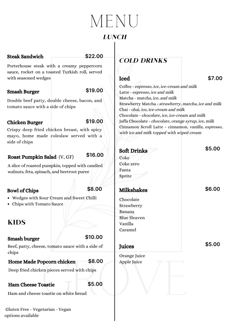 Menu, Cafe Grove