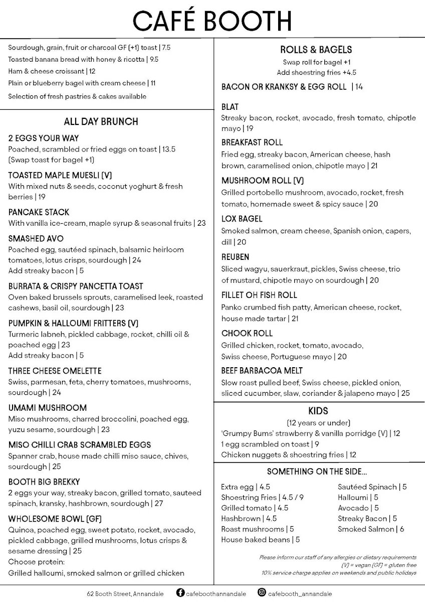 Menu, Cafe Booth Annandale