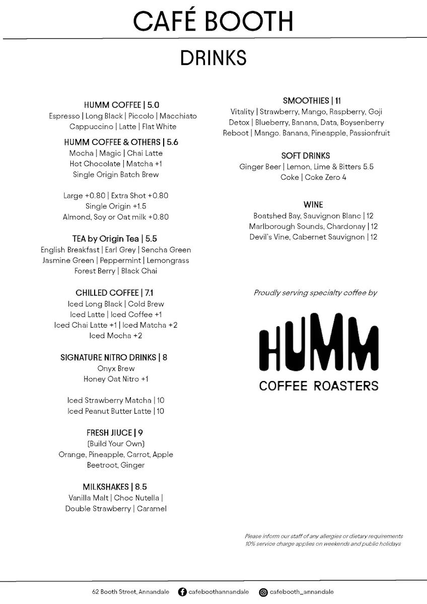Menu, Cafe Booth Annandale
