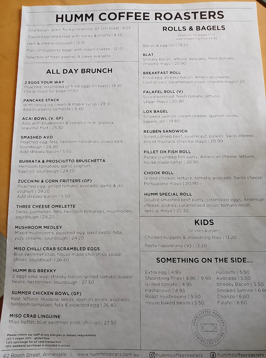 Menu, Cafe Booth Annandale