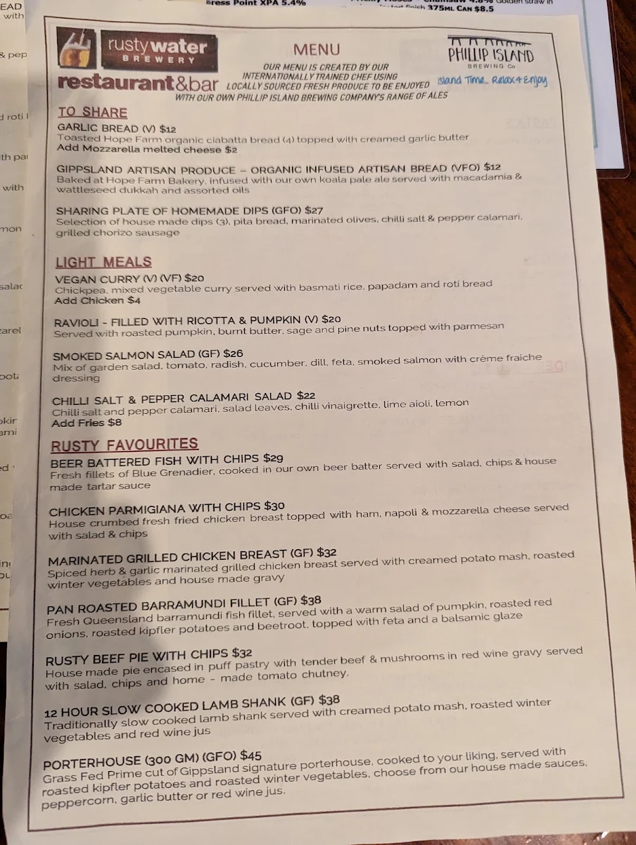 Menu, Rusty Water Brewery Restaurant & Bar