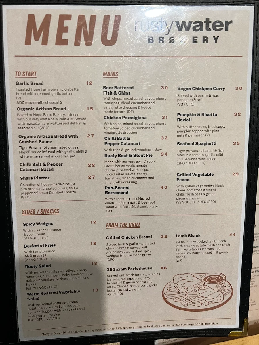 Menu, Rusty Water Brewery Restaurant & Bar