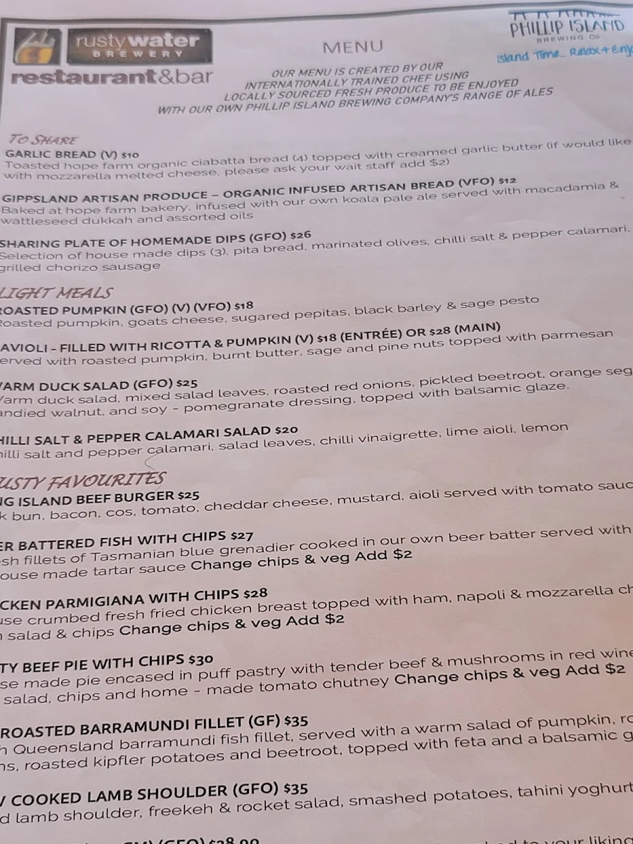 Menu, Rusty Water Brewery Restaurant & Bar