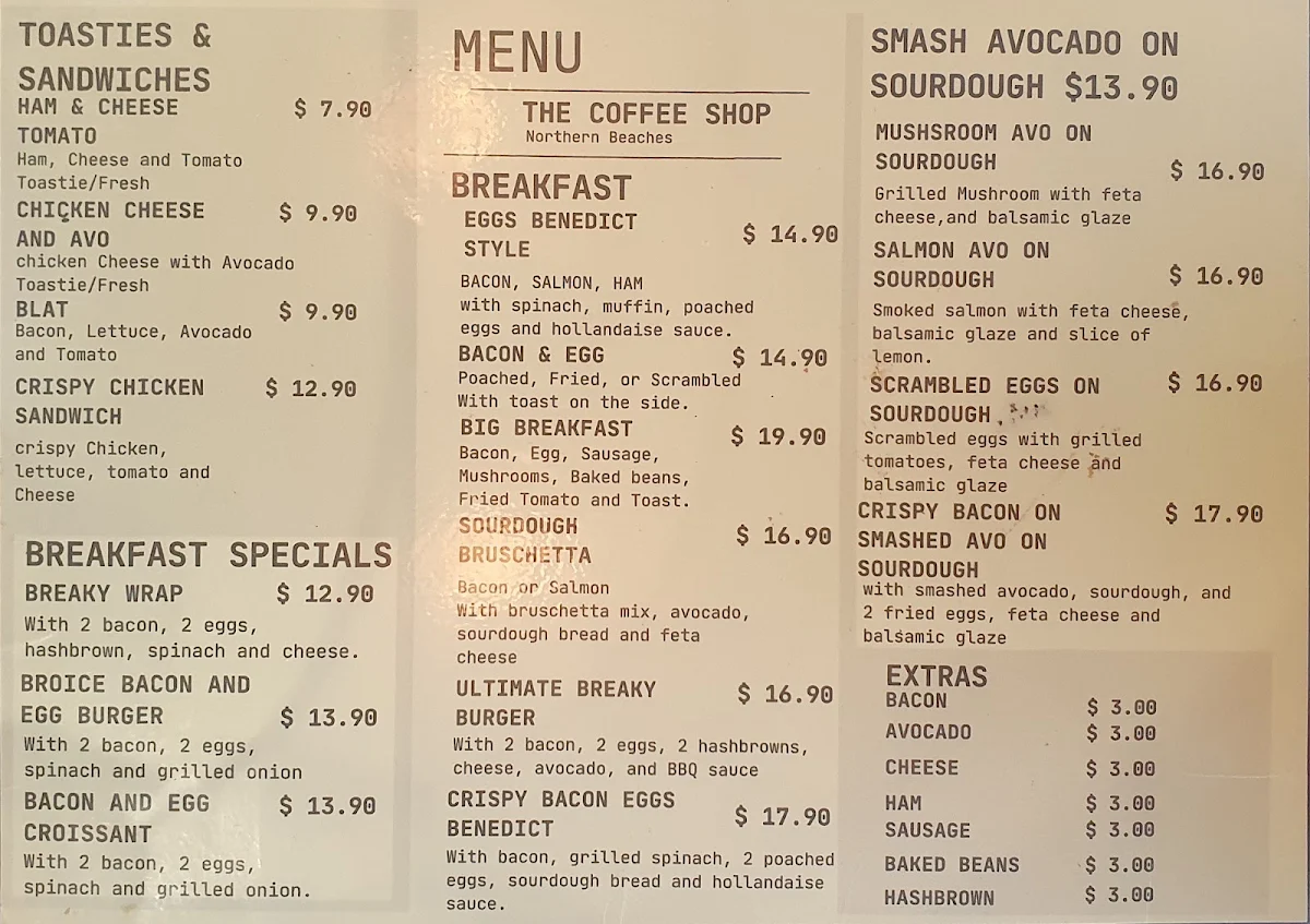 Menu, The Coffee Shop Northern Beaches