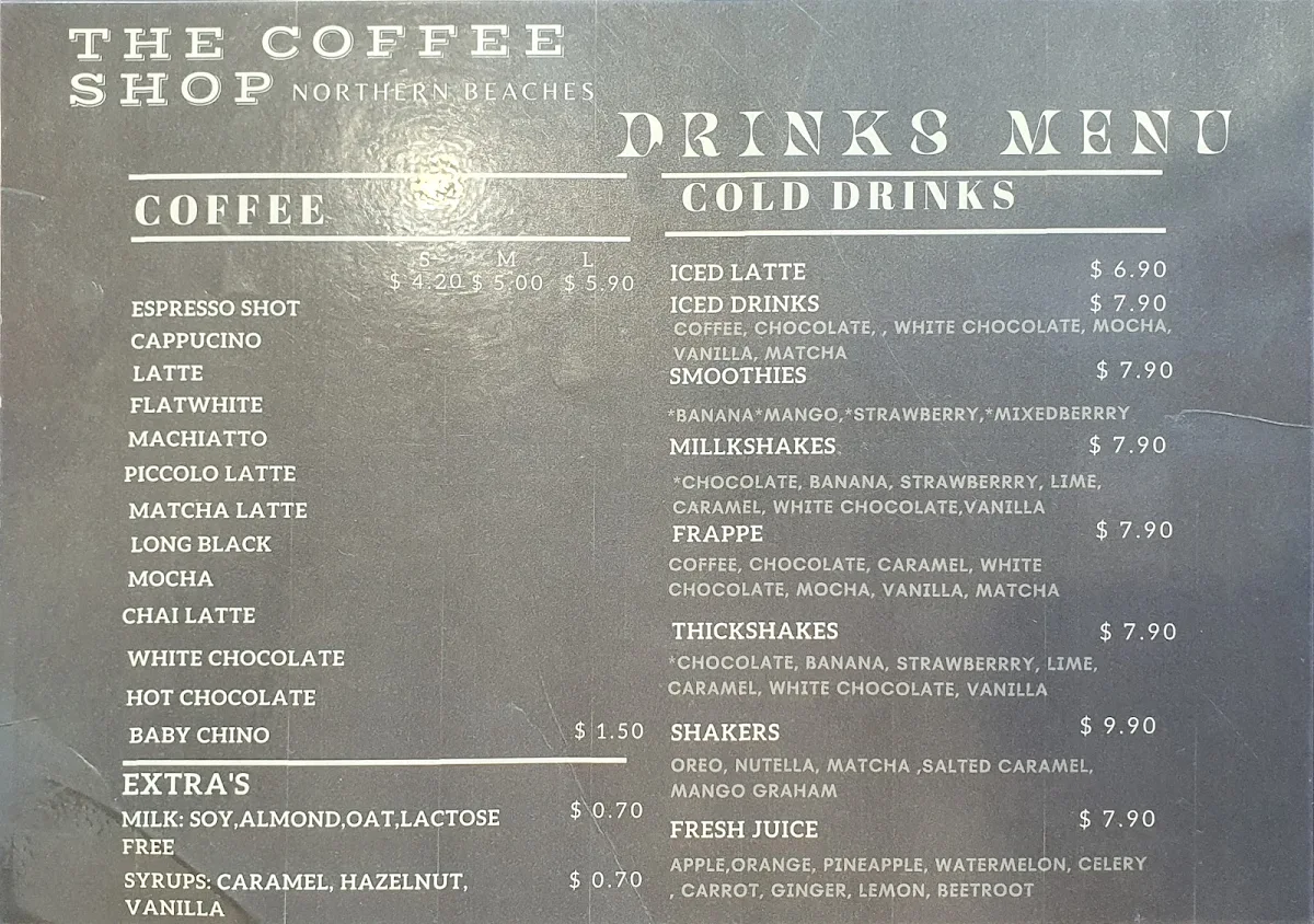 Menu, The Coffee Shop Northern Beaches