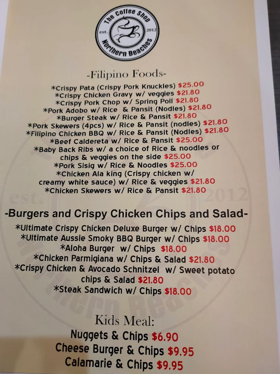 Menu, The Coffee Shop Northern Beaches