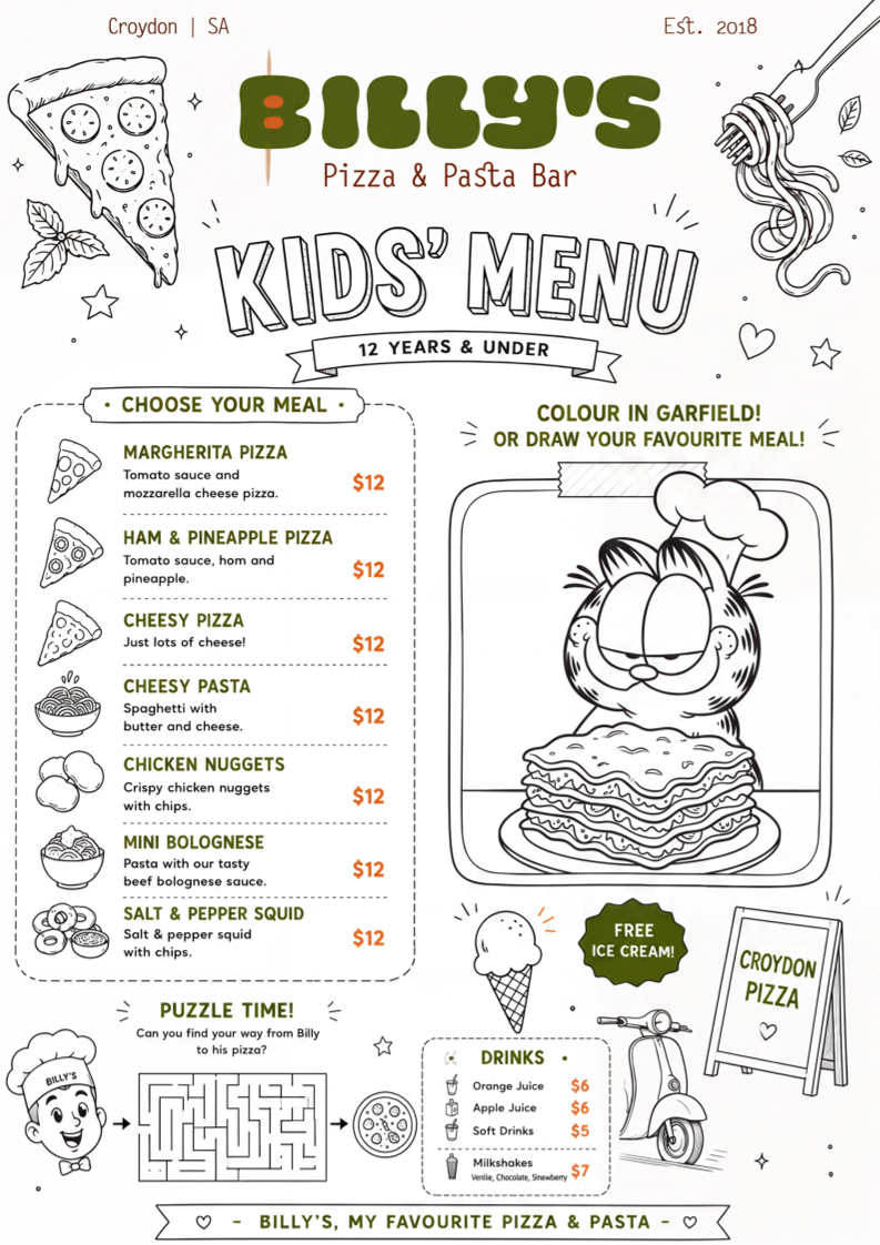 Menu, Billy's Pizza & Pasta Bar