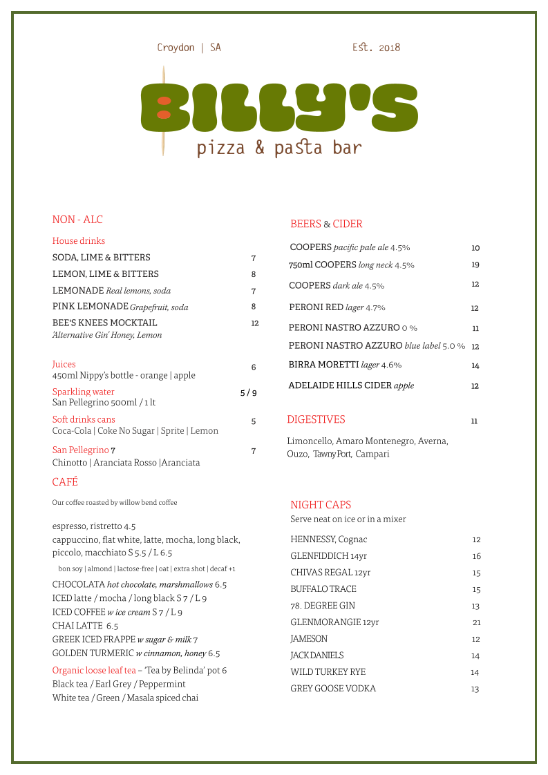 Menu, Billy's Pizza & Pasta Bar