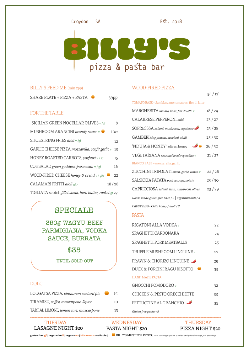 Menu, Billy's Pizza & Pasta Bar