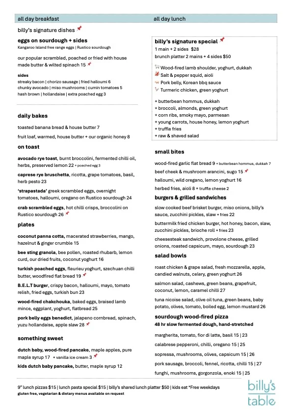 Menu, Billy's Pizza & Pasta Bar