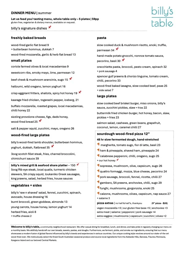 Menu, Billy's Pizza & Pasta Bar