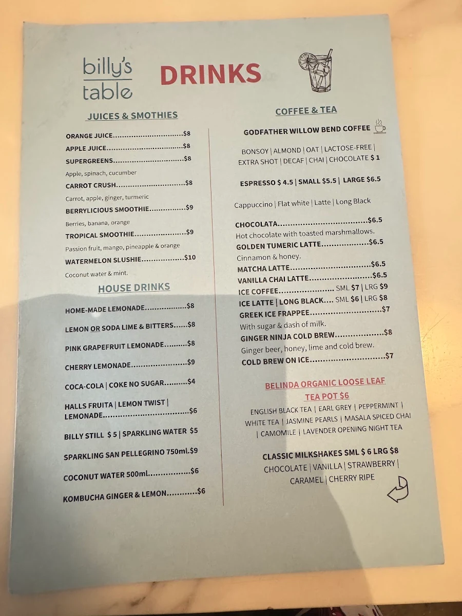 Menu, Billy's Pizza & Pasta Bar