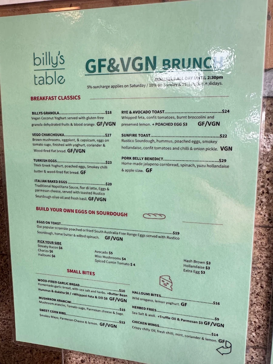 Menu, Billy's Pizza & Pasta Bar