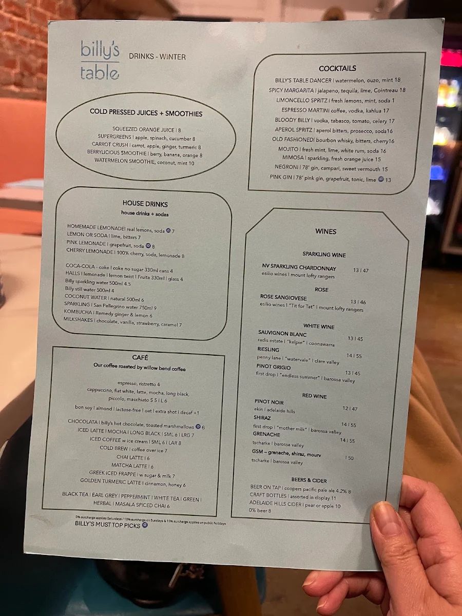 Menu, Billy's Pizza & Pasta Bar
