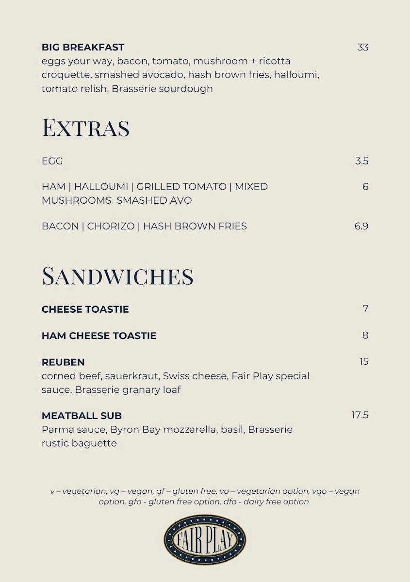 Menu, Fair Play Kitchen