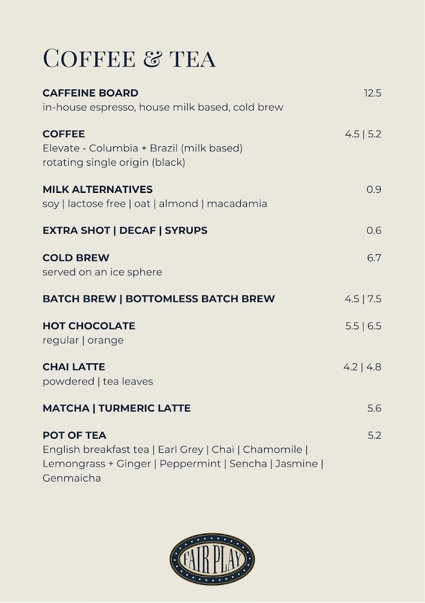 Menu, Fair Play Kitchen