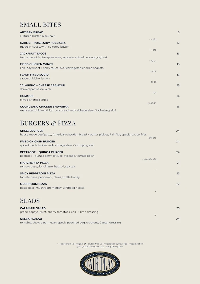 Menu, Fair Play Kitchen