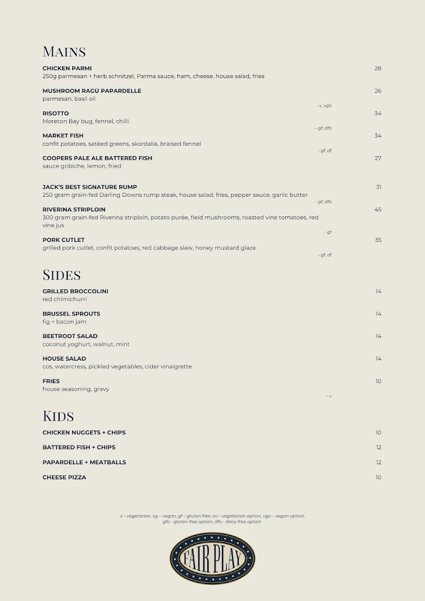 Menu, Fair Play Kitchen