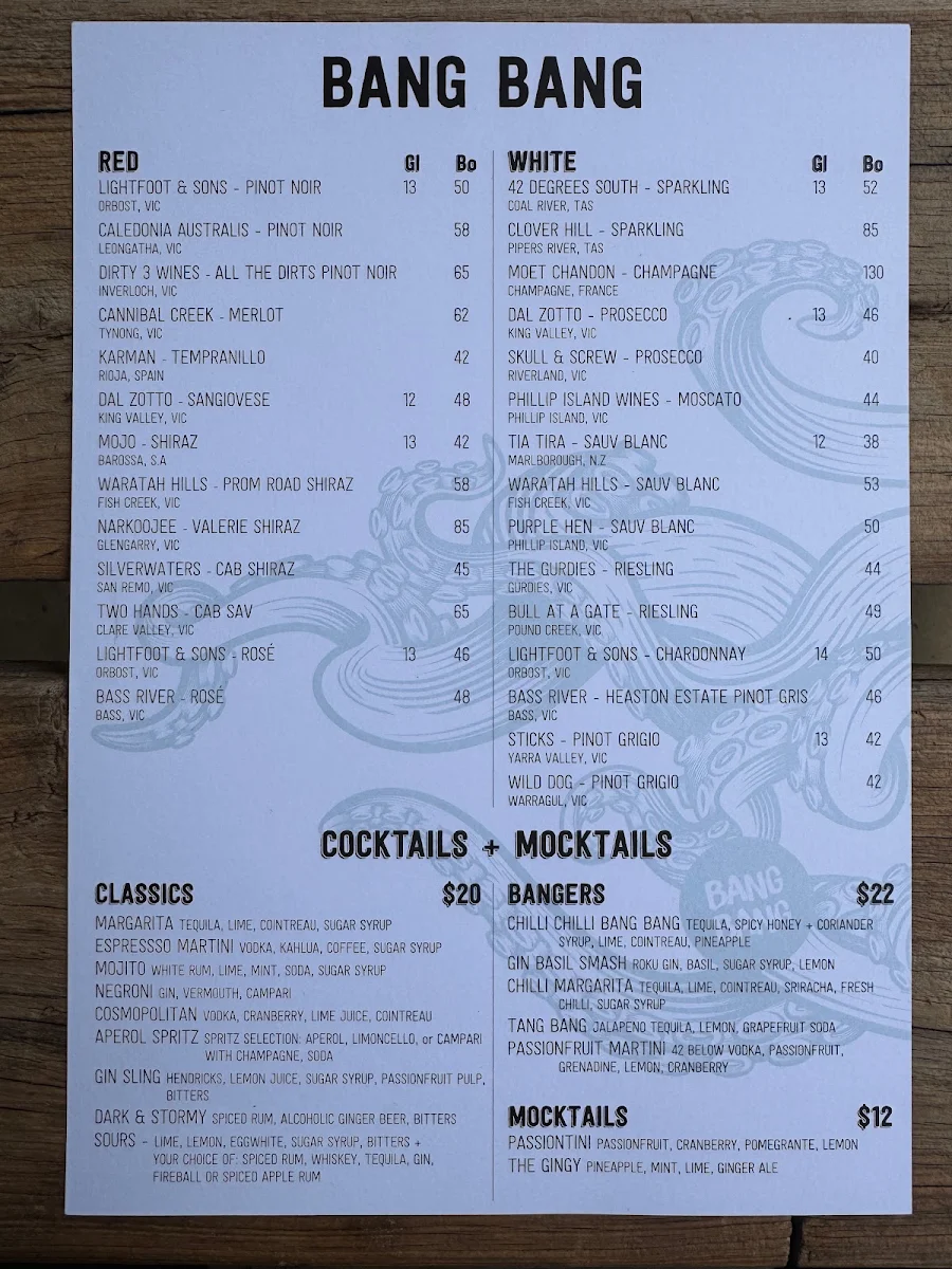 Menu, Bang Bang Bar & Food