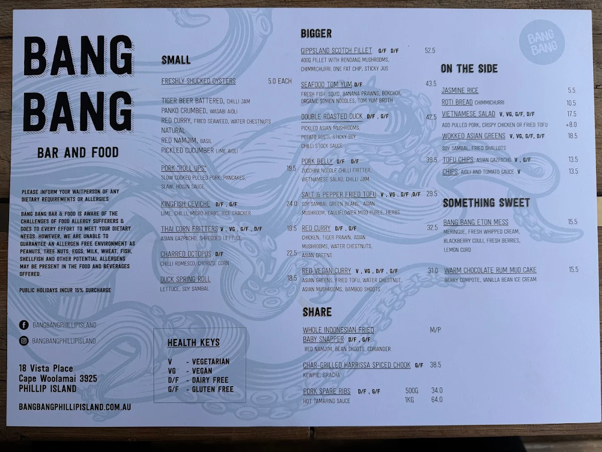 Menu, Bang Bang Bar & Food