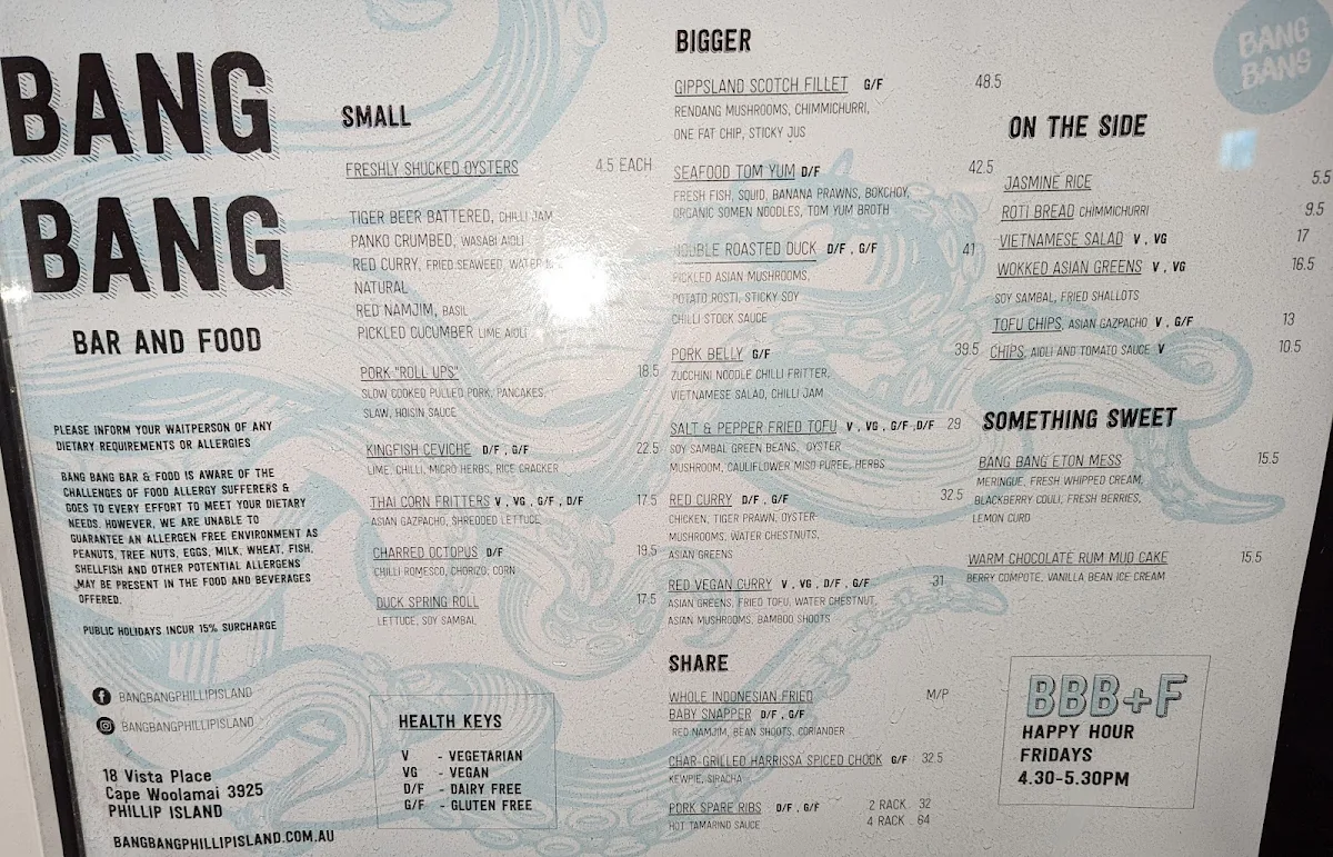 Menu, Bang Bang Bar & Food