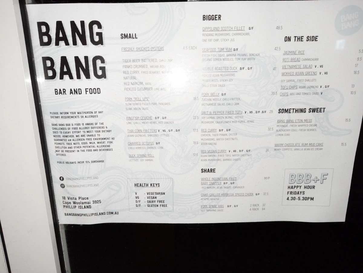 Menu, Bang Bang Bar & Food