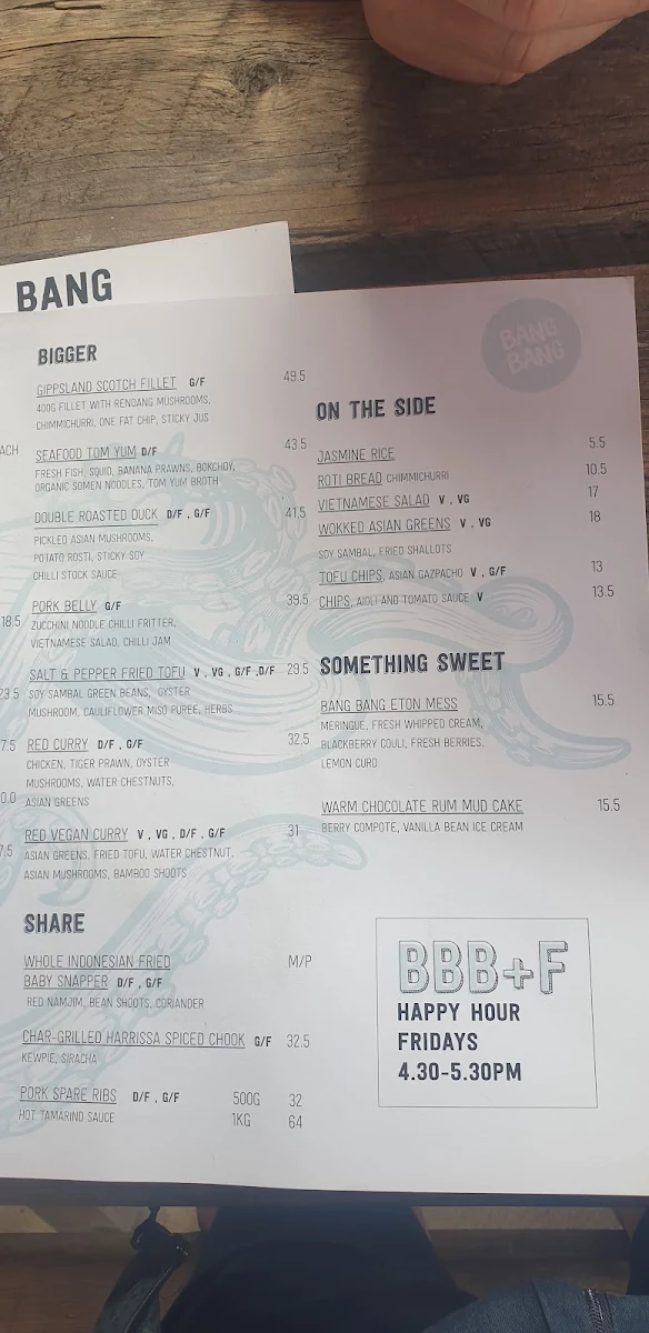 Menu, Bang Bang Bar & Food