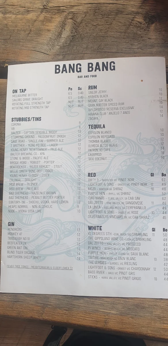 Menu, Bang Bang Bar & Food