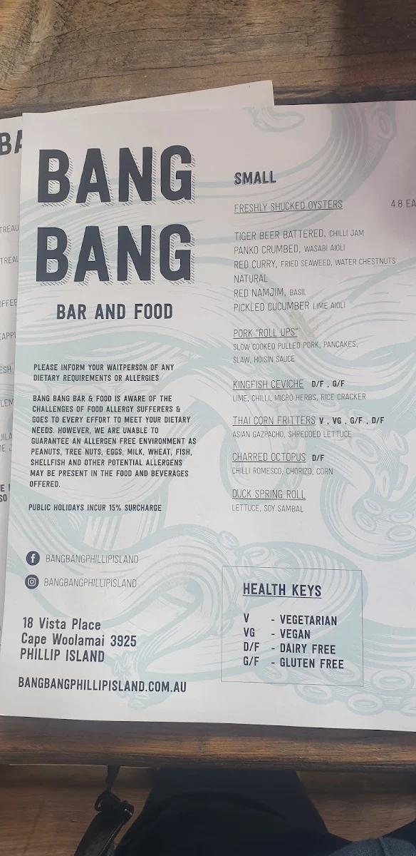 Menu, Bang Bang Bar & Food