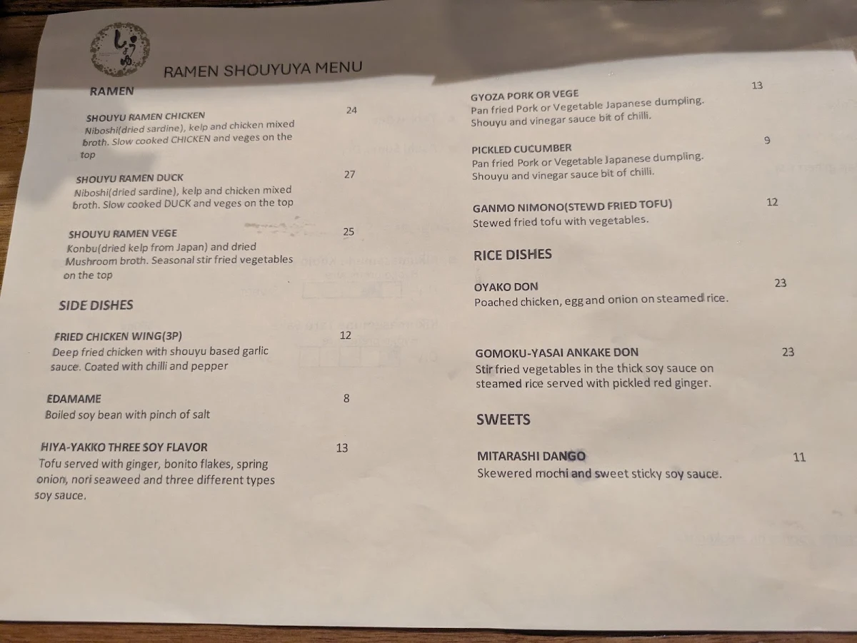 Menu, Ramen Shouyuya Sake Bar