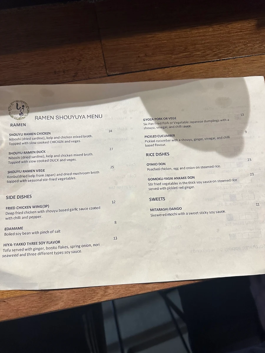 Menu, Ramen Shouyuya Sake Bar