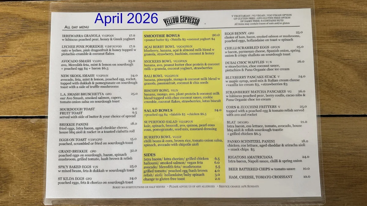 Menu, Yellow Espresso