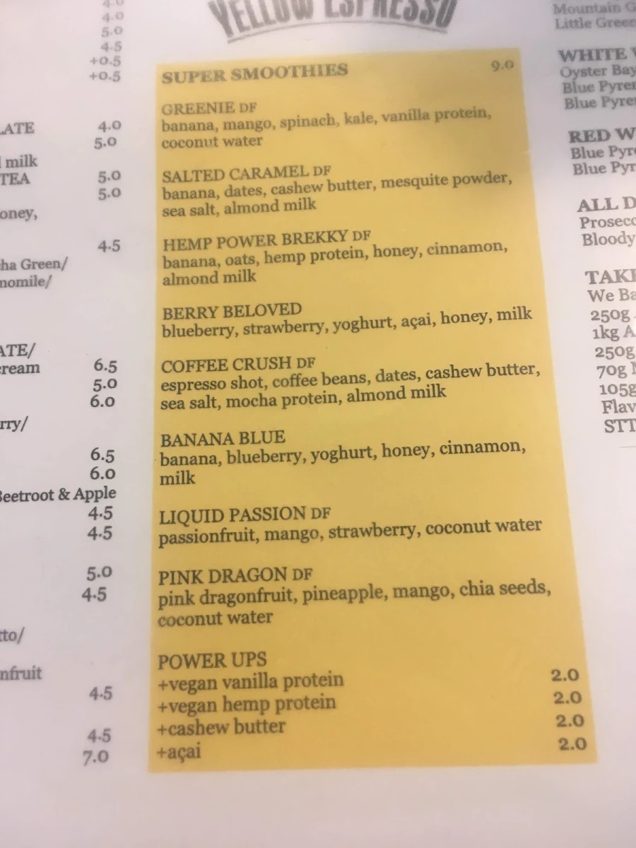 Menu, Yellow Espresso