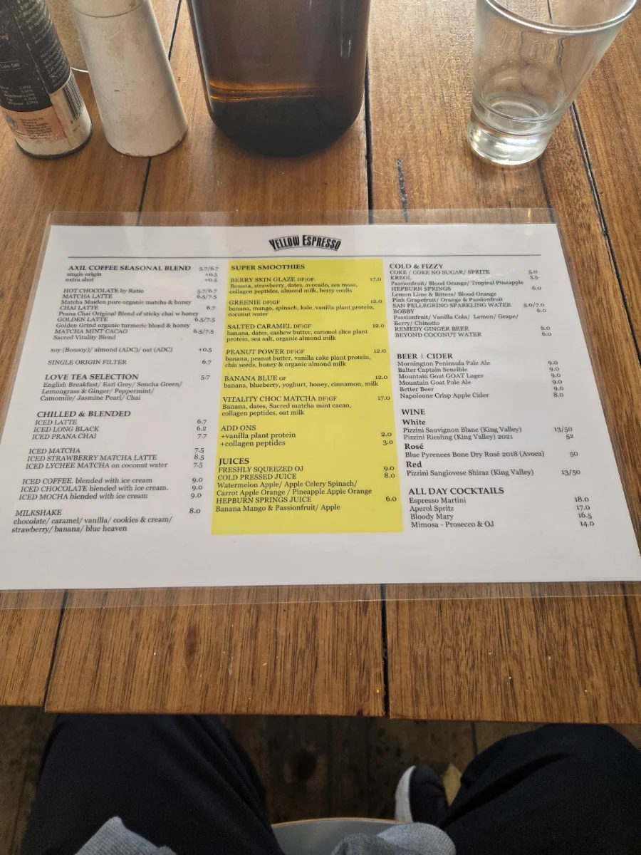 Menu, Yellow Espresso