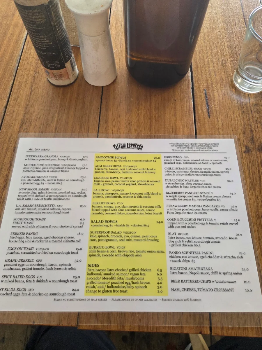 Menu, Yellow Espresso