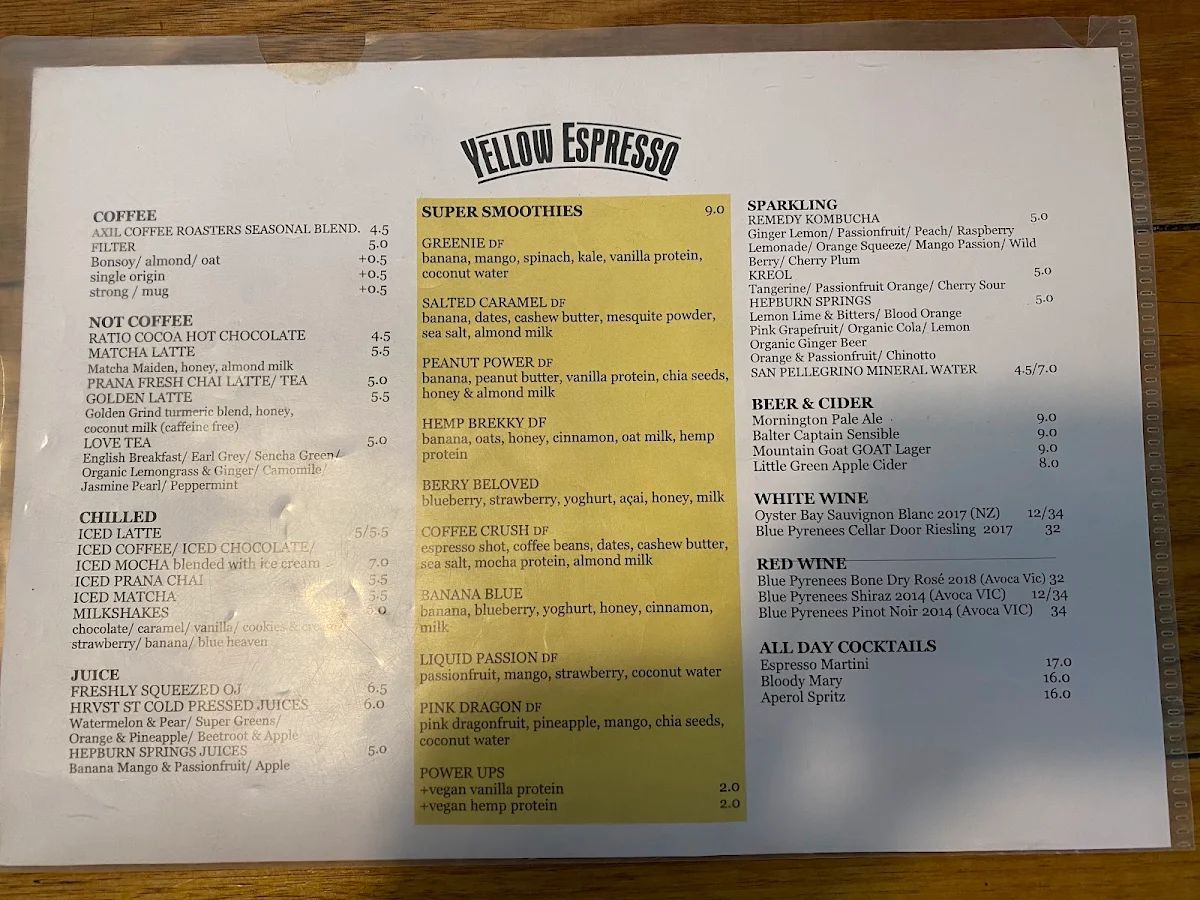 Menu, Yellow Espresso