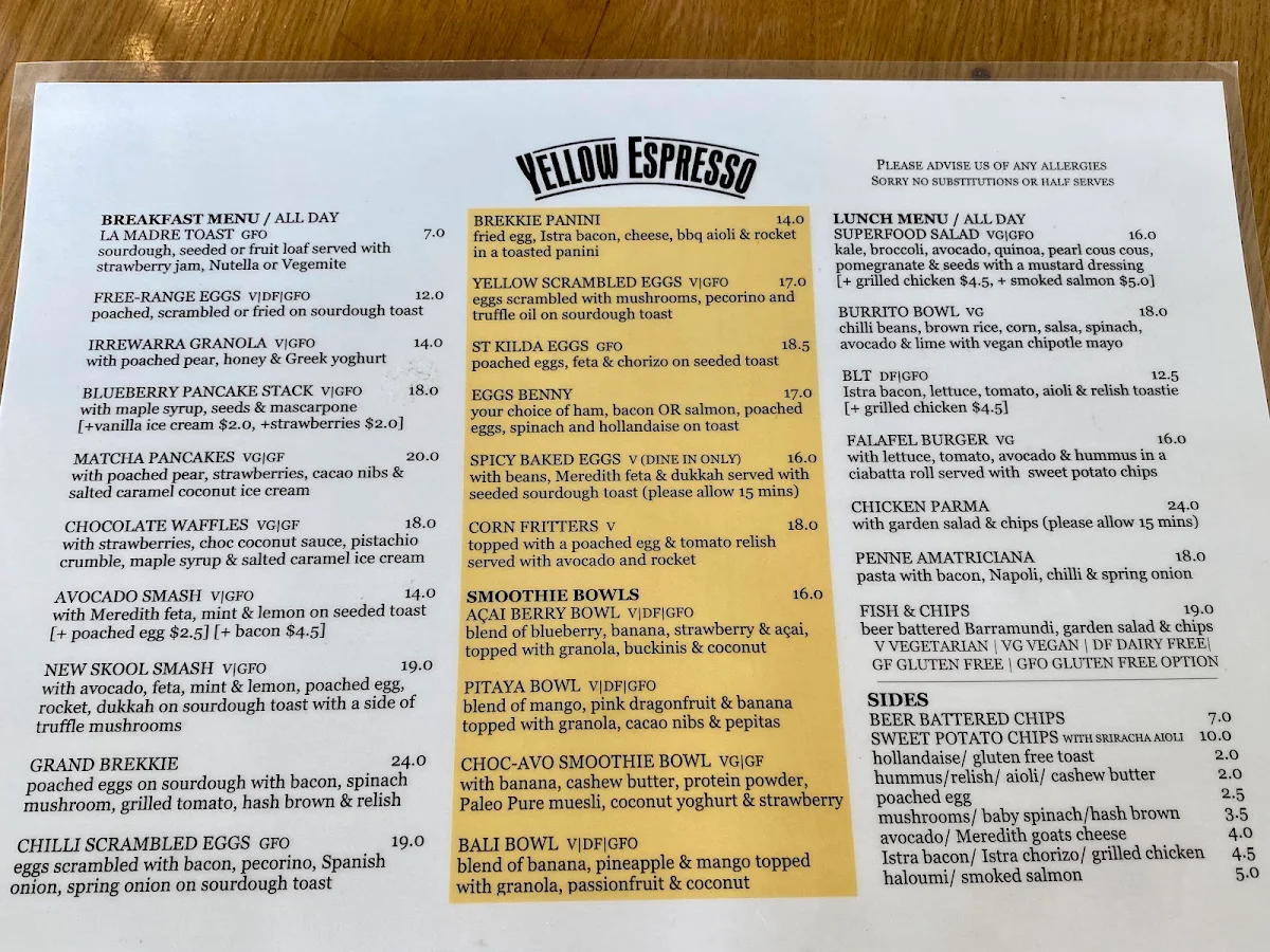Menu, Yellow Espresso