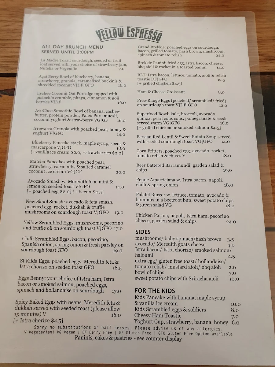 Menu, Yellow Espresso