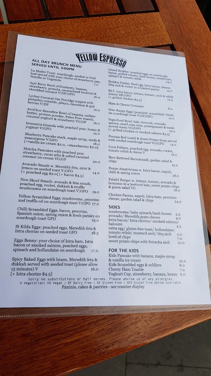 Menu, Yellow Espresso