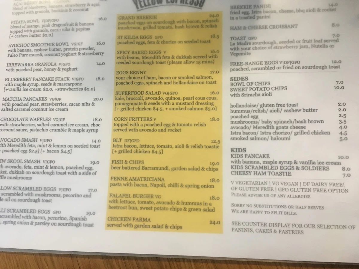 Menu, Yellow Espresso