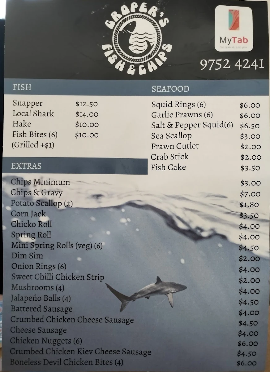 Menu, Groper's Fish & Chips