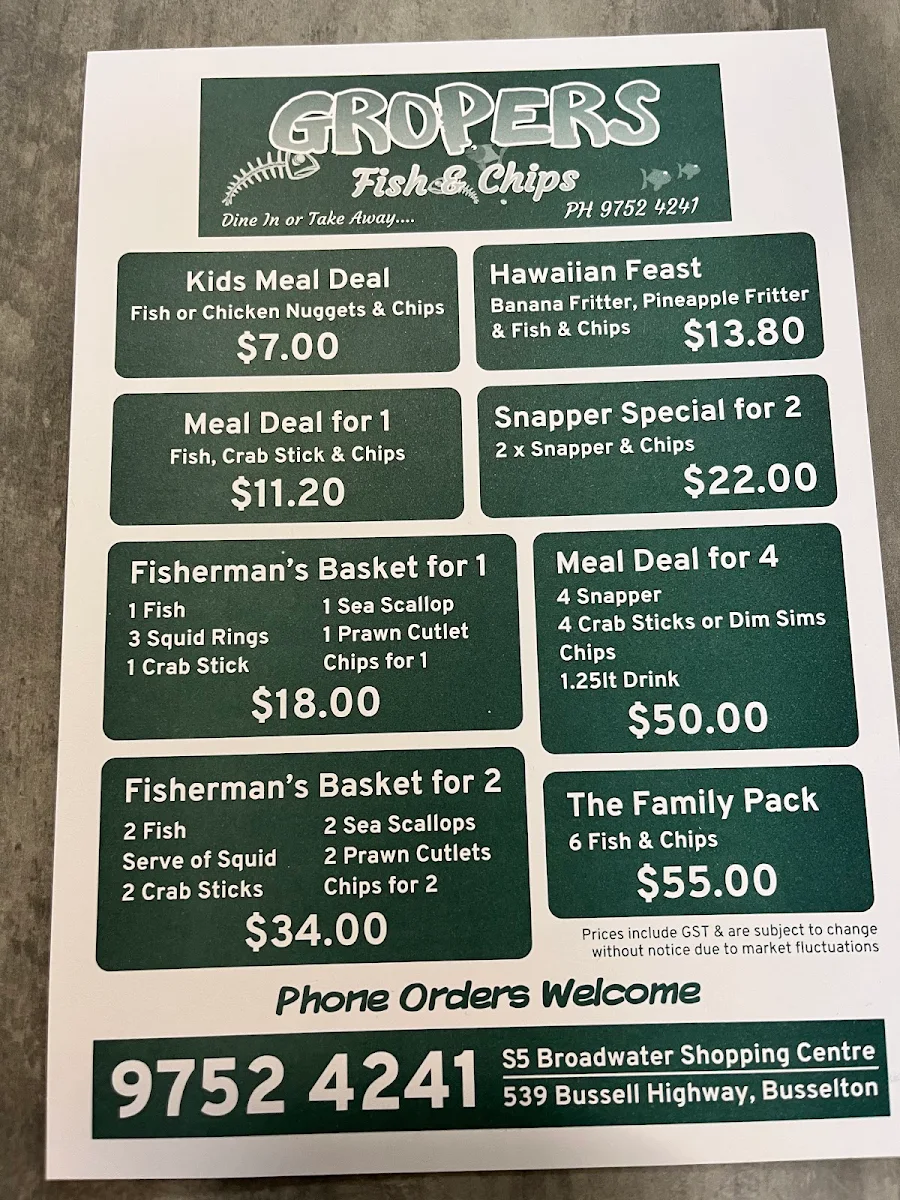 Menu, Groper's Fish & Chips
