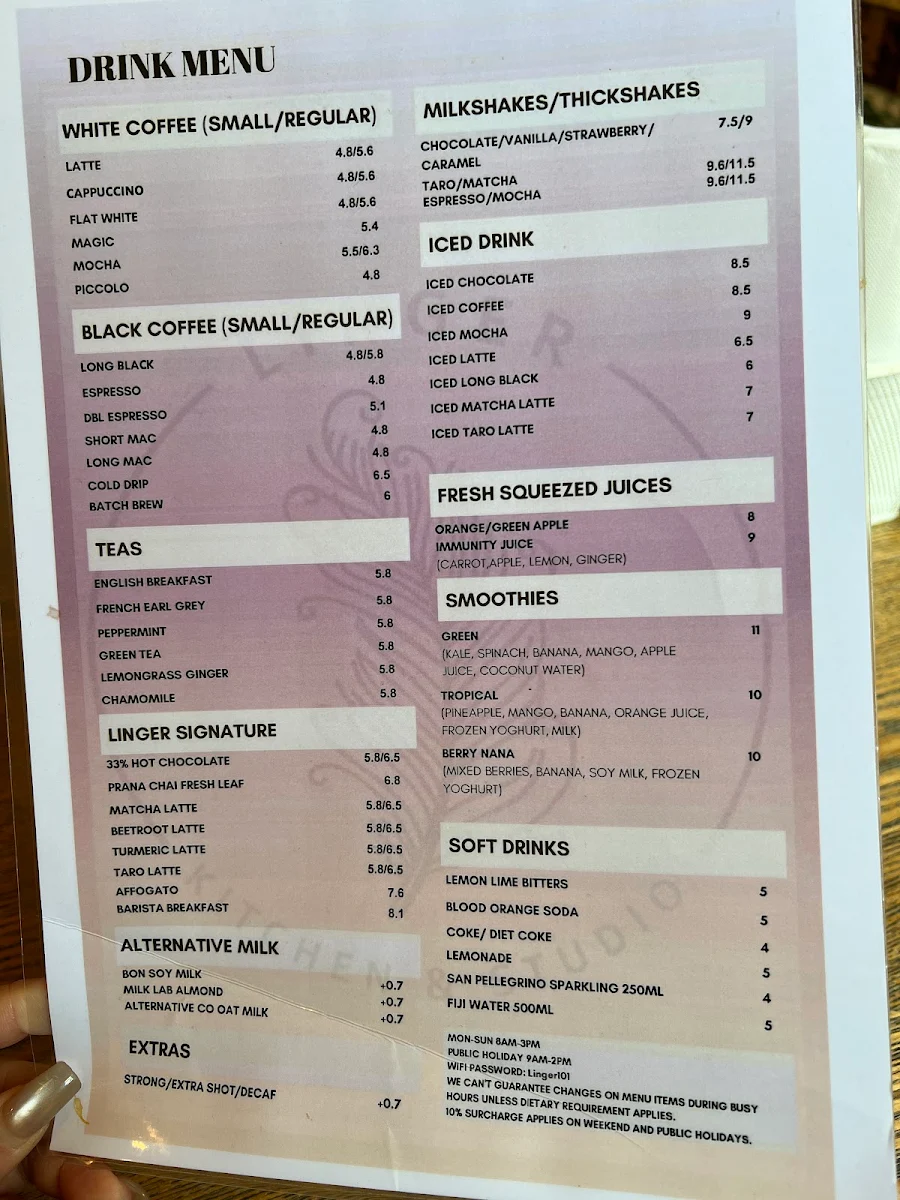 Menu, Linger Cafe