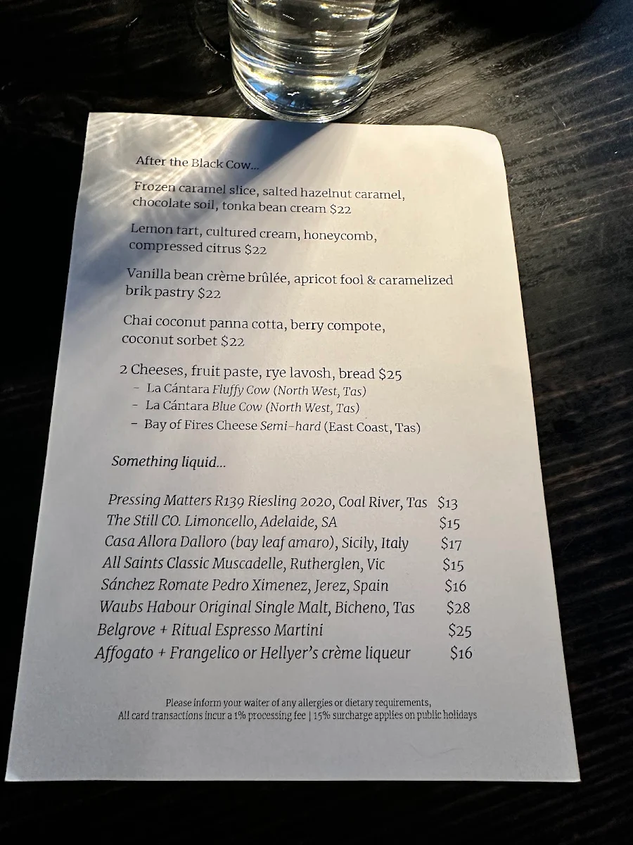Menu, Black Cow Bistro