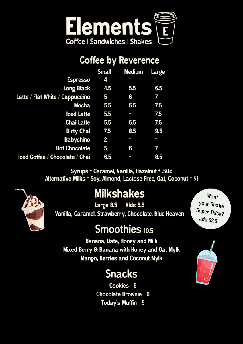 Menu, Elements Cafe