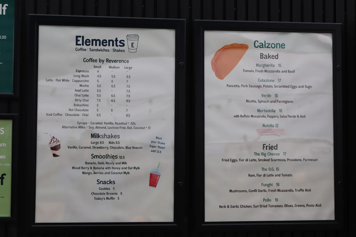 Menu, Elements Cafe
